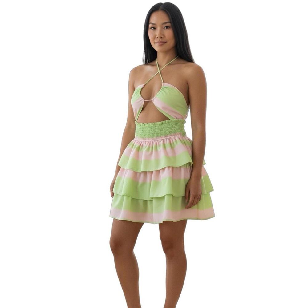 Tiered Halter Mini Dress Green Pink Striped Cutout Size M Main Strip Resort - Picture 1 of 9